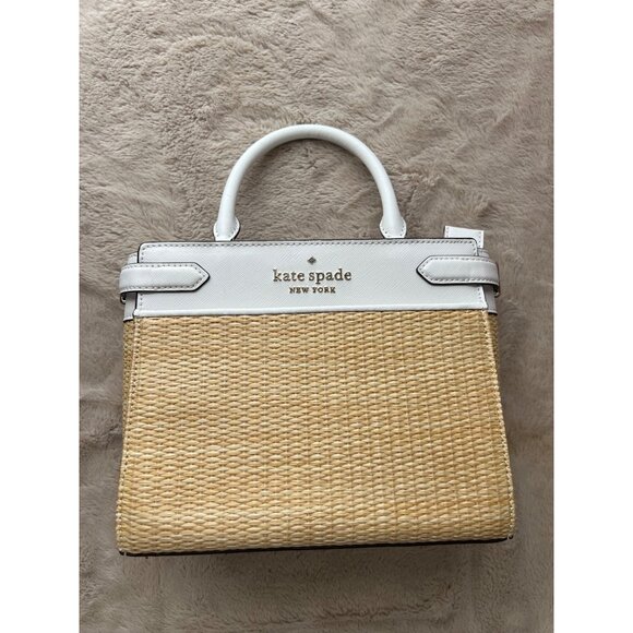 Kate Spade New York Wicker & White Leather Small Satchel Crossbody Bag - Picture 6 of 14